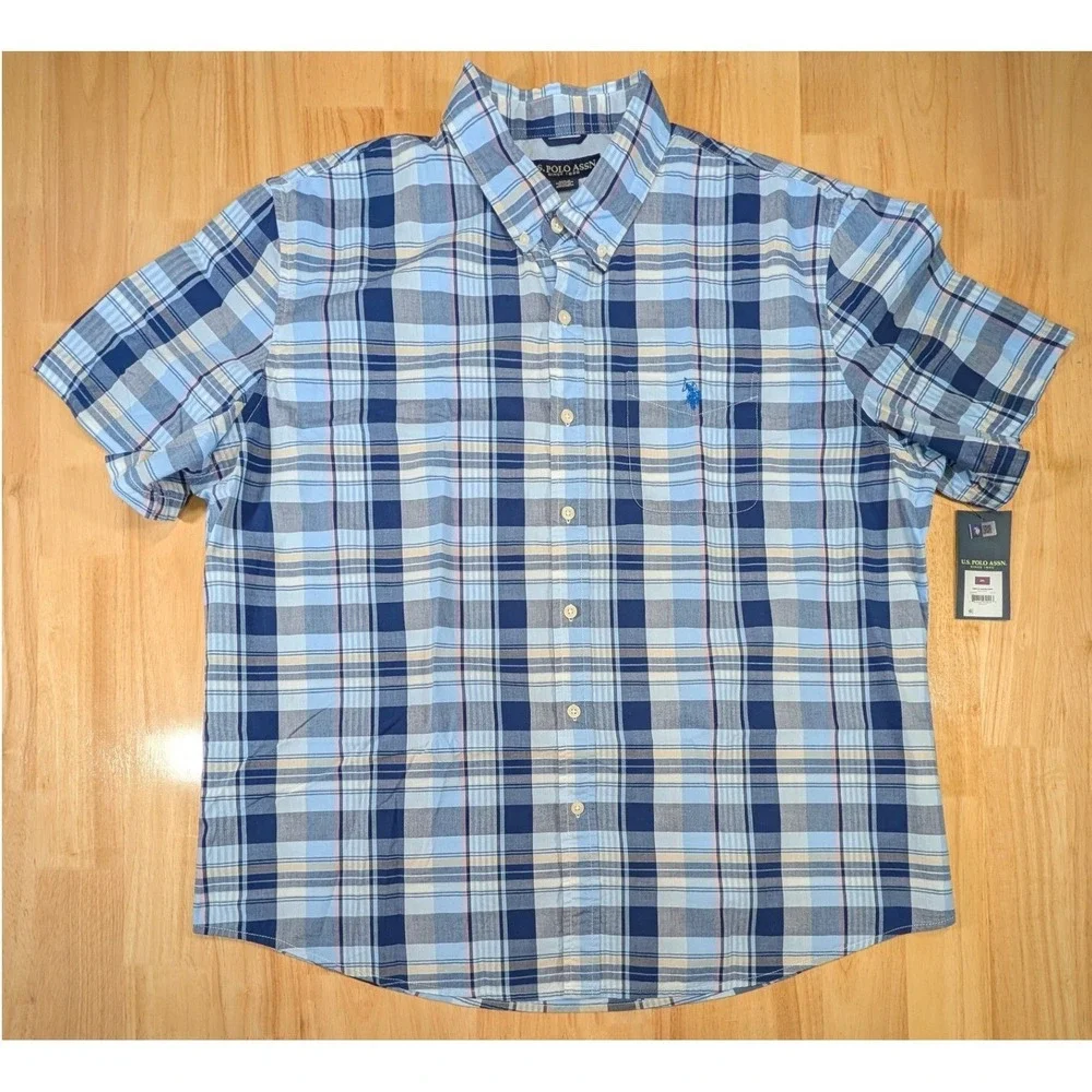 Lot of 2‎ US Polo Assn Mens 2XL Short Sleeve Button Down Plaid Cotton Shirts